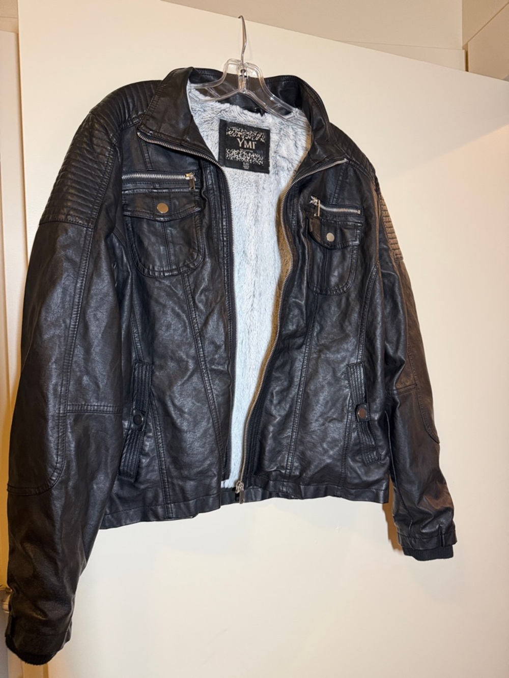 YMI Black Faux Leather Bomber Jacket with White Sherpa Interior